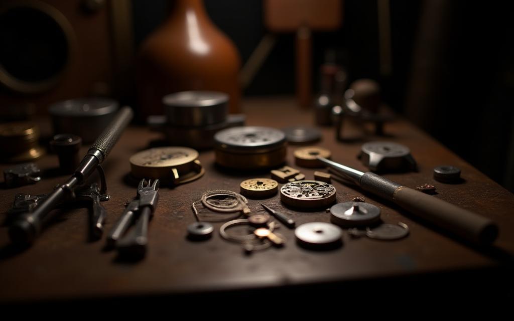 Watchmaker’s workbench with tools and movement parts